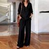 2026 New Women's Suit V-neck Long Sleeve Long Pants Solid Color Loose Casual Two-piece Set