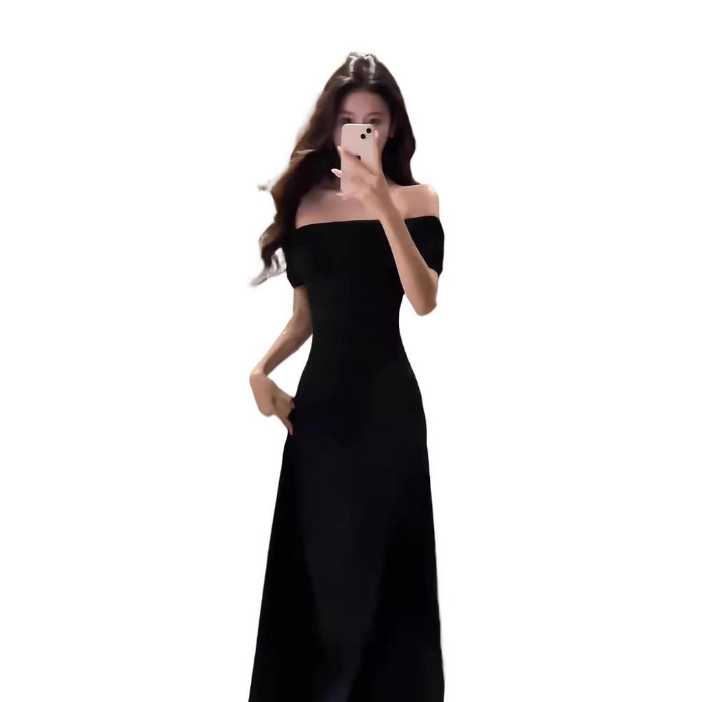 Royal Sister Style Sexy Off-the-shoulder Short-sleeved Dress Women's 2026 Summer New Slim-fitting and Thin One-word Collar Long Skirt