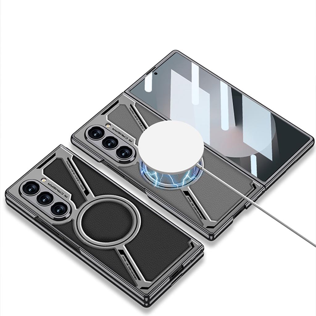 Samsung Fold6 Mobile Phone Case Electroplated Magnetic Wireless Charging Business Model Z Shaped E Sports Plain Leather Protective Case