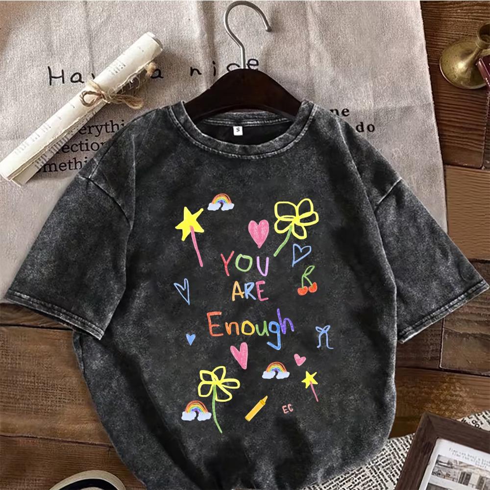 Bunter Inspirierender Zitatdruck Vintage Gewaschenes Schwarz Übergroßes T-Shirt Lässiges Rundhals Kurzarm Tee