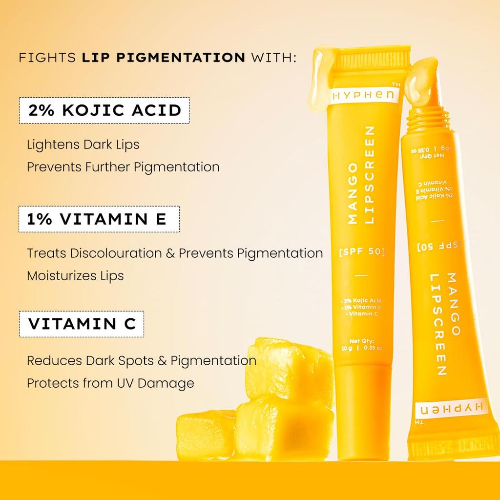 Hyphen Mango Lip Balm SPF 50 PA++++ With 2% Kojic Acid Vitamin C & E Brightening Moisturizer 10 G