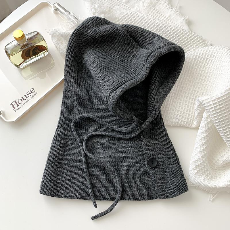 Korean balaclava hat for women, winter warm hat with integrated neck warmer, couple's style, ear protection, knitted wool hat