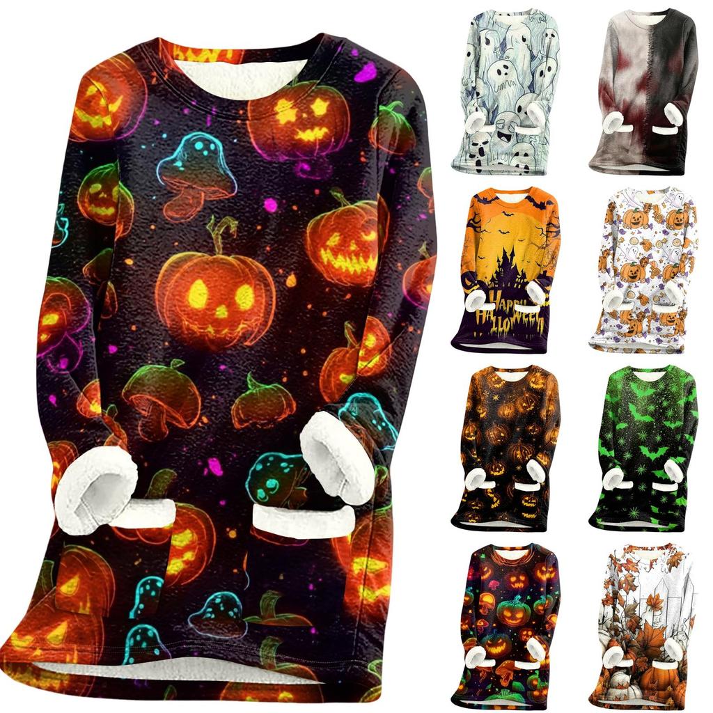 Long Sleeve Fleece Lined Pullover Sweatshirt with Halloween Print Thickened Sherpa Lining Warm Casual Loose Fit Top for Women Autumn Winter
