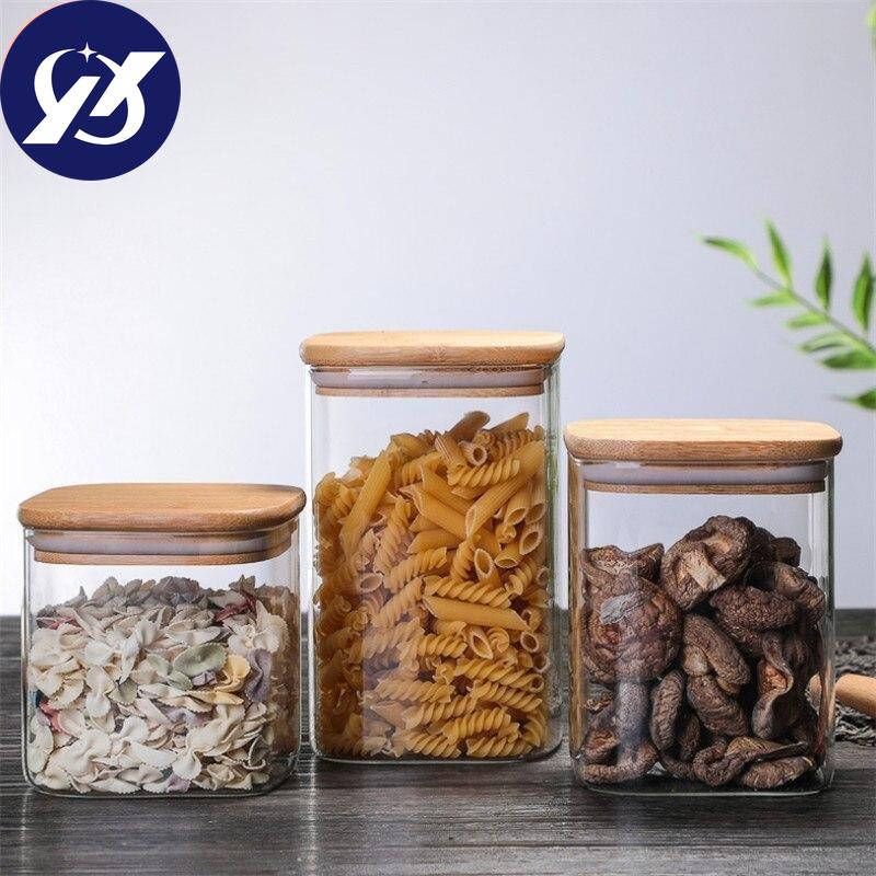 Průhledná čtvercová zapečetěná plechovka skleněná kořenka s víkem Kuchyňská nádrž na uskladnění kávových zrn Zásobník na potraviny