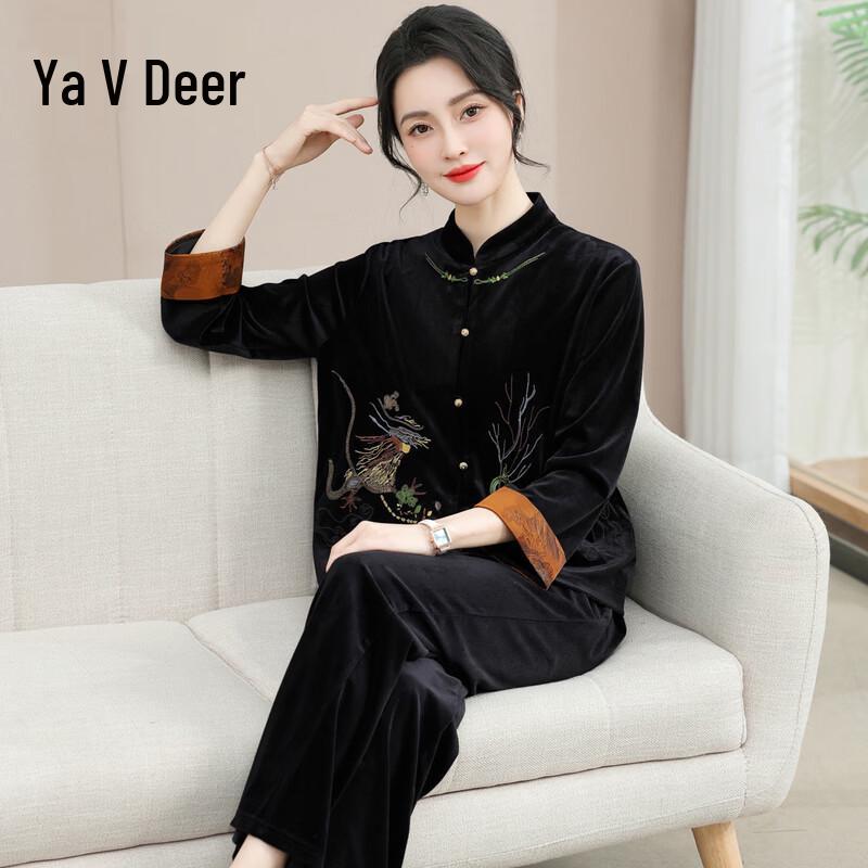 Yalu Women s Chinese Style Gold Velvet Two-Piece Set 2XL