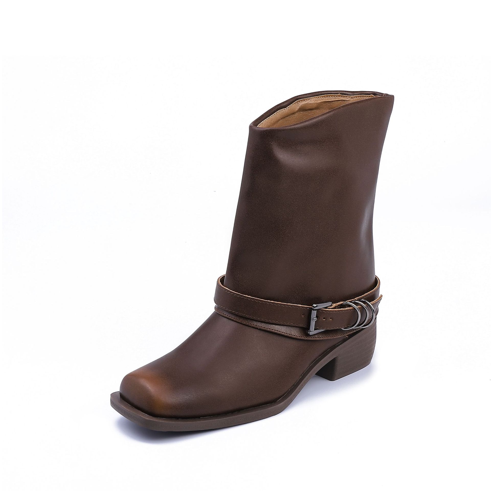 

Корейская версия нишевые ретро женские ботинки панк стрит полированные ботильоны 2025 зима новые модные ботинки средней высоты для женщин 40 коричневый