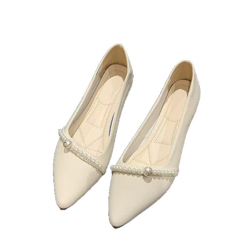 Autumn Shallow Mouth Pointed Head Temperament Female Doudou Shoes Fairy Flat Bottom Shallow Mouth Single Shoes Pointed Pearl Mary Jane Single Shoes