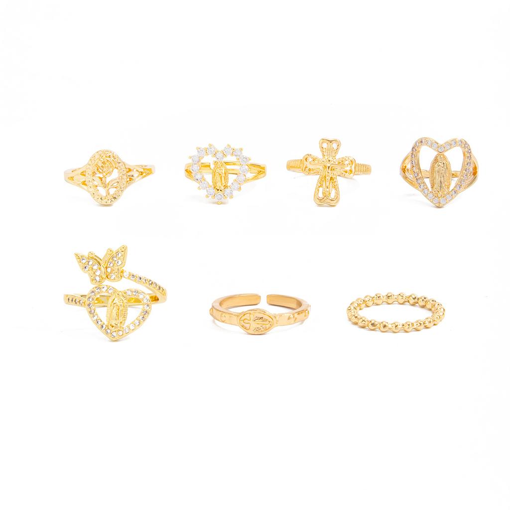Vintage Gold Color 7 Pcs Stackable Ring Set for Women Elegant Virgin Mary Cross Heart Crystal Religious Fashion Jewelry Gifts