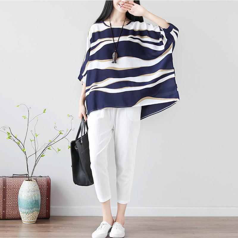 Women's Casual O-neck Half Sleeve Loose Summer Print Striped T-shirt Short Sleeve