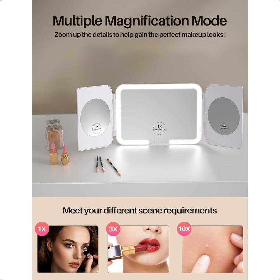 

Трехстворчатое зеркало для макияжа с 3 цветными подсветками и сенсорным управлением, портативное зеркало с увеличением 1X 3X 10X, 5000 мАч, перезаряжаемое светодиодное зеркало United States