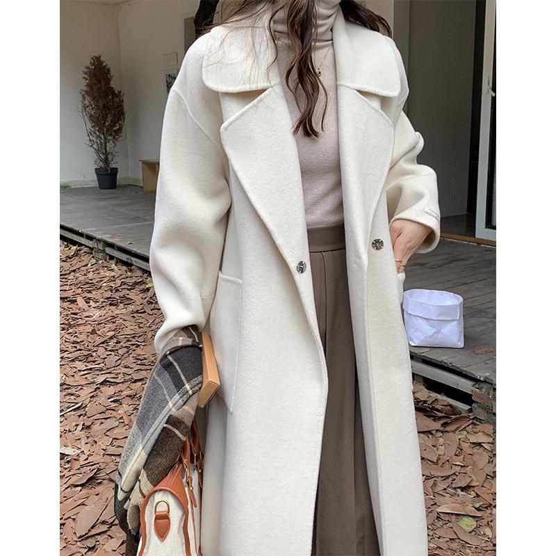 Suit collar with hidden buttons Double-sided hand-sewn cashmere coat Women's loose and versatile commuter premium woolen coat