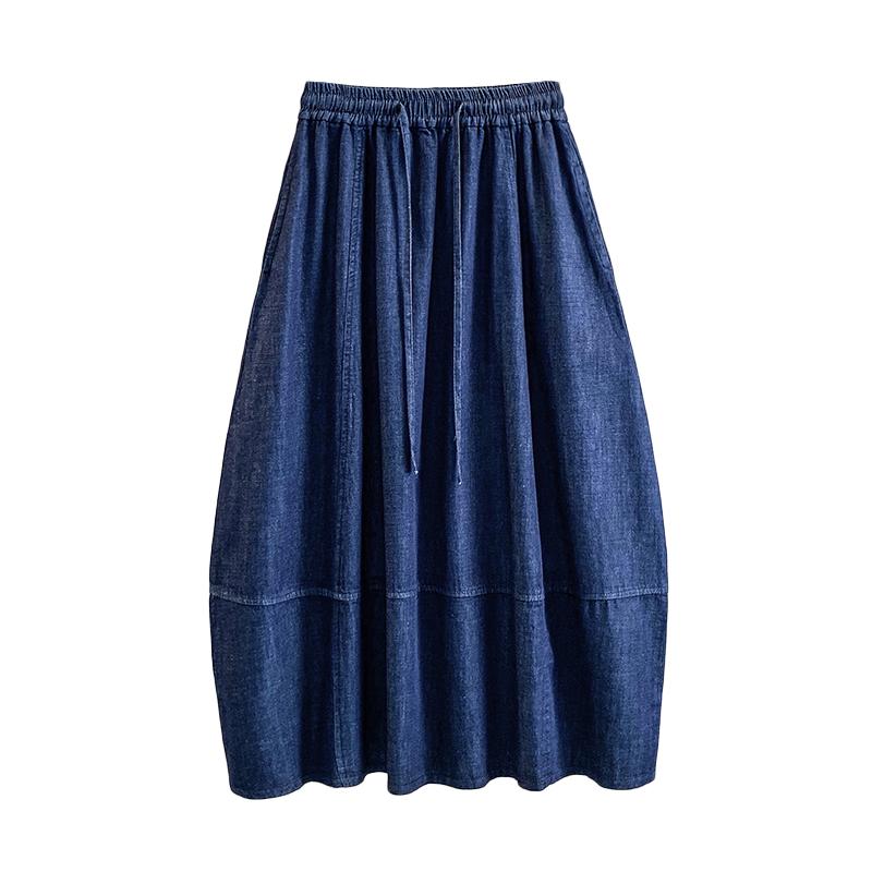 DIMANAF 2026 Summer Plus Size Women Skirts Elastic Waist Loose Denim Blue Oversize Casual Lady Long Skirts Cotton Solid