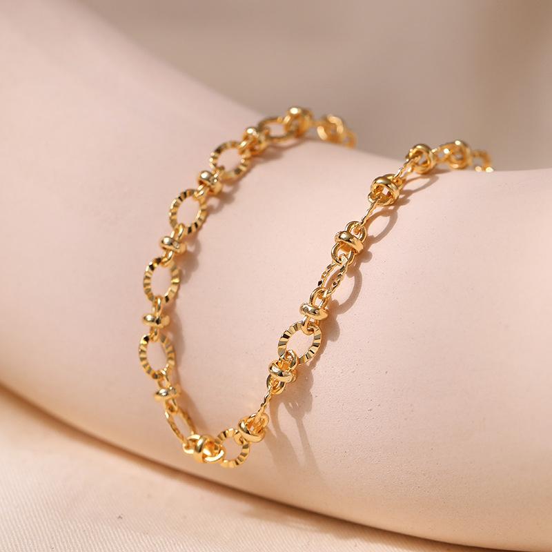 Gold Plated Textured Circle Link Bracelet With Extension Chain