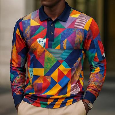 Men'S Abstract Geometic Long Sleeve Polo Shirt 100% Polyster Breathable Business Casual Top Slim Fit Quick Dry Multi Colors