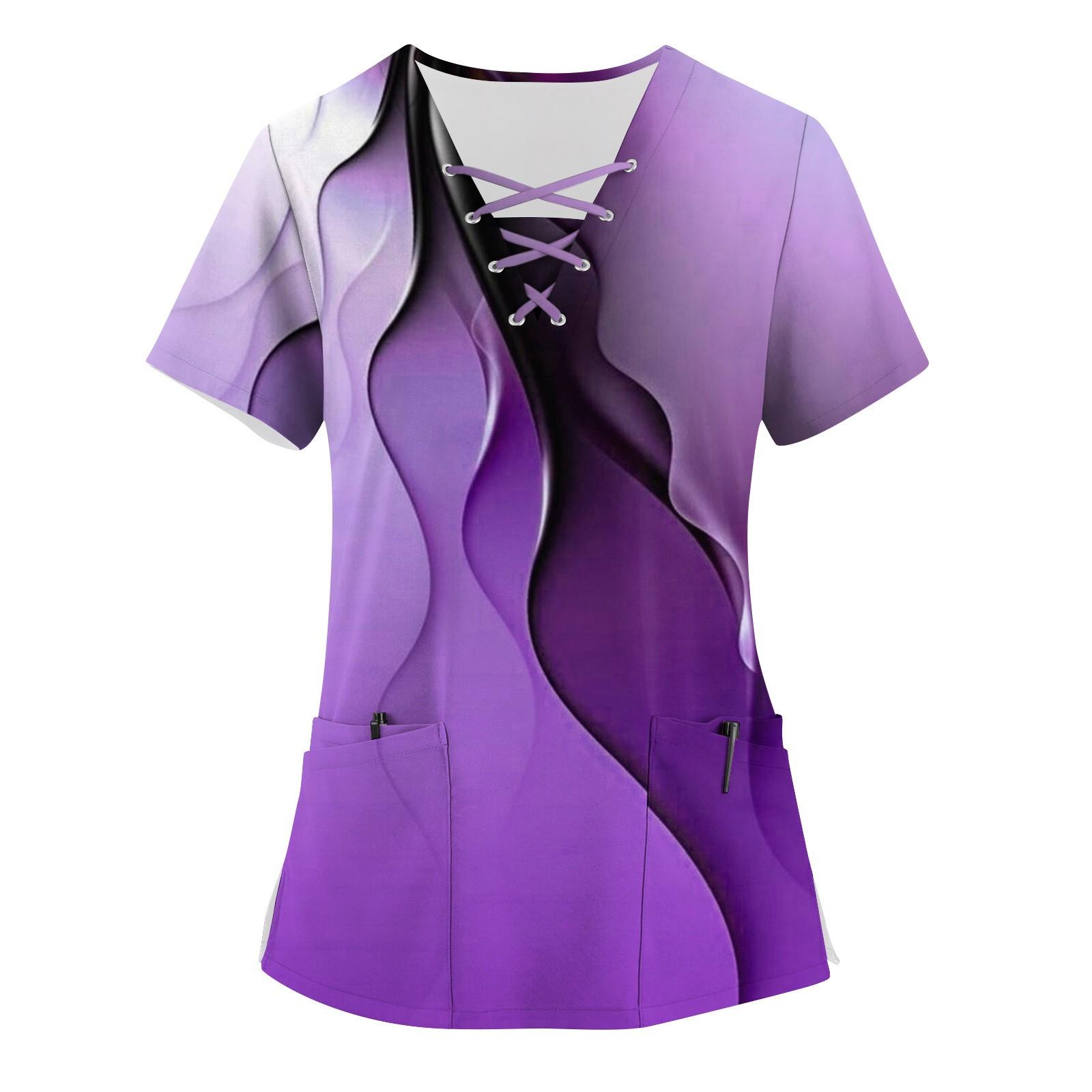 

Робоча уніформа з друкованим принтом великого розміру Топи для жінок з принтом у вигляді хрестового V-подібного вирізу з короткими рукавами Веселі футболки Робочий одяг Футболка з кишенями L фіолетовий