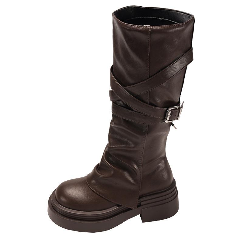 Black retro small thick-soled thick-heeled boots children's boots 2025 new autumn height-increasing and thin knight boots