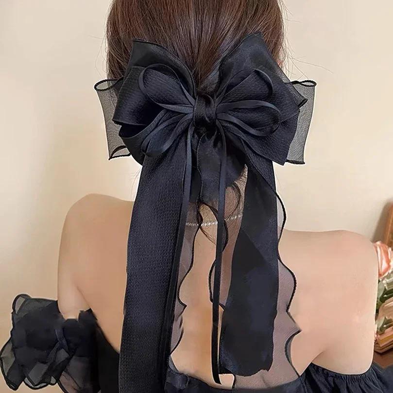 

Шифоновые заколки-банты для волос для девочек, милые синие блестящие атласные банты-заколки, ленточные банты-заколки, заколка-автомат, зажим для хвостика