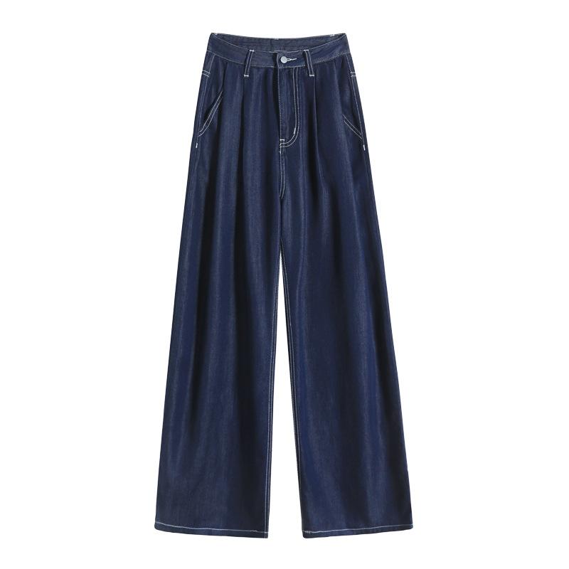 Tennis Wide-leg Jeans for Women In Summer Thin New High-waist Drooping Slim Blue Straight Ice Silk Floor Pants