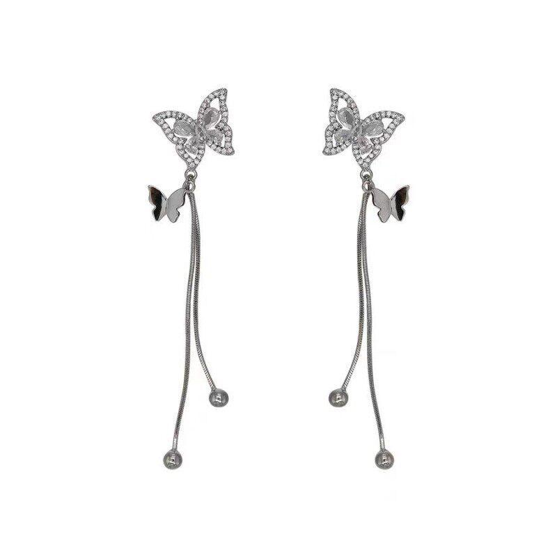 Silver Inlaid Diamond Butterfly Tassel Earrings - Elegant, Long, Face-Slimming Jewelry for Women