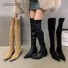 Women Over The Knee High Boots Fashion Suede Pointed Toe Shoes Autumn Winter Thick Middle Heel Western Cowboy Long Botas Mujer