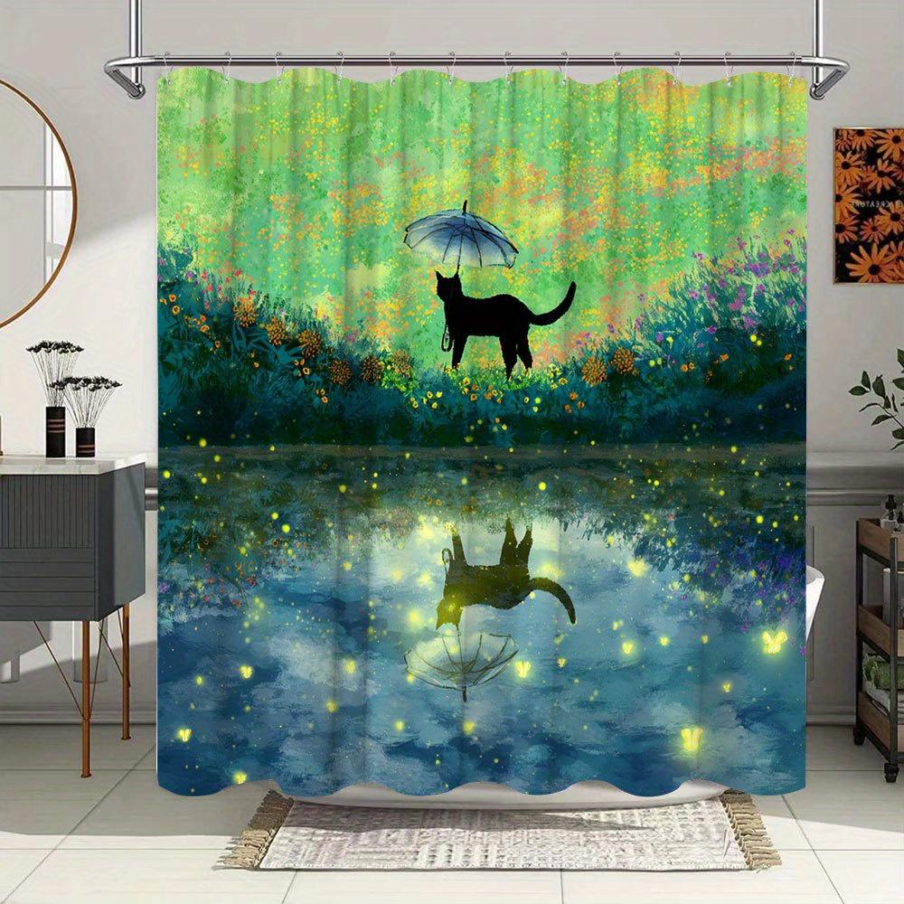Cat with Umbrella Waterproof Mildew-Resistant Shower Curtain - Whimsical Design for a Magical Bathroom Décor Experience W90XH180cm