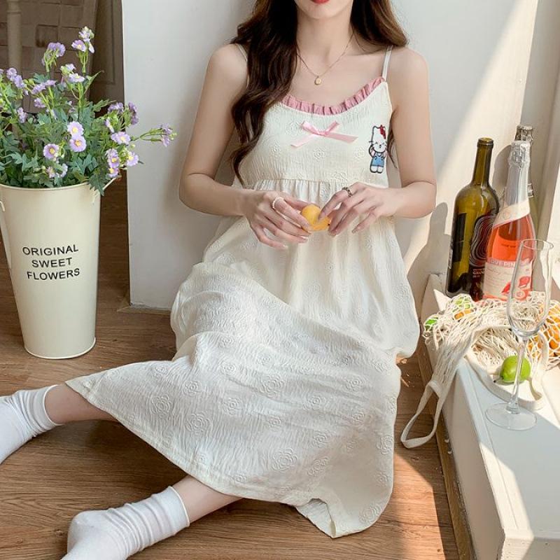 Women s Embossed Cloud Cotton Camisole Nightgown with Chest Pads – Girly Midi Skirt, Stylish Fairy Court Style