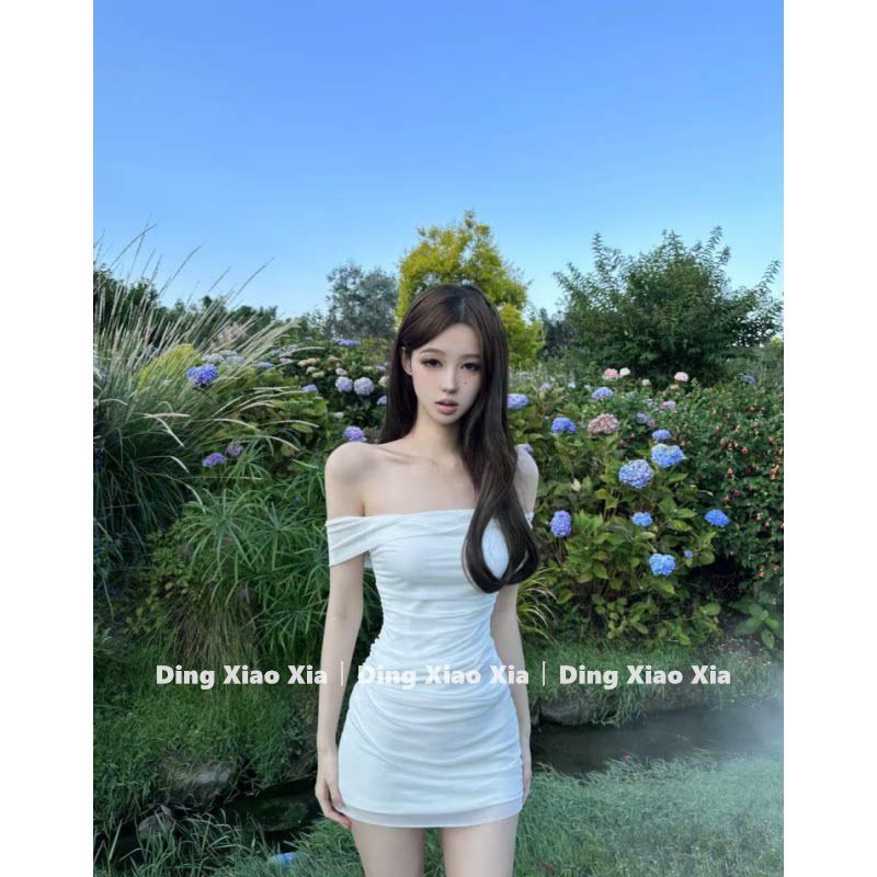 French Style off-Shoulder White Dress Women s Summer Pure Desire Elegant Silm Slim Looking Waist Sexy Short Hip Skirt White S