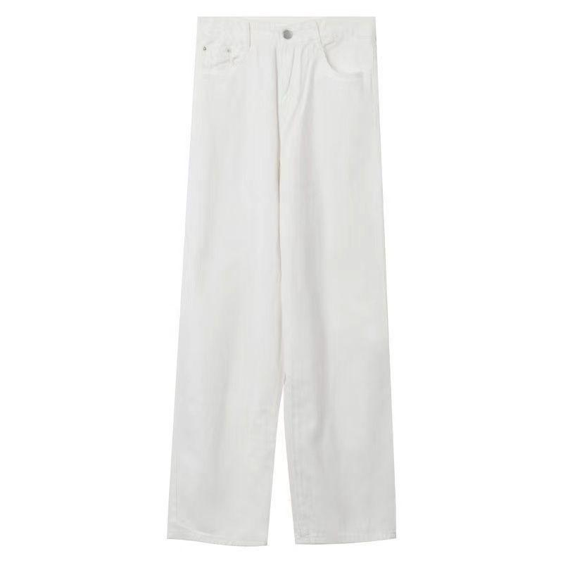 Women Loose Fit White High Waist Flowy Jeans Plus Size Straight Wide Leg Pants Spring Autumn