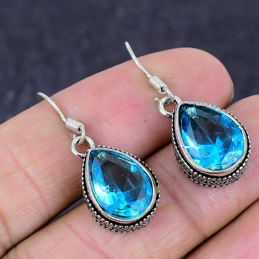 Natural Swiss Blue Topaz Gemstone 925 Sterling Silver Jewelry Earring 1.38" O0j20