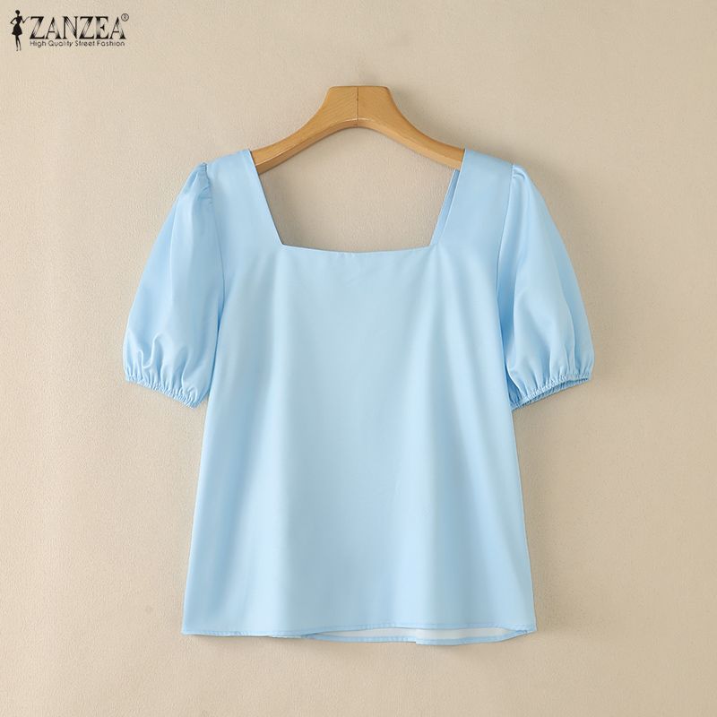 ZANZEA Women Square Collar Casual Floral Print Short Sleeve Blouse