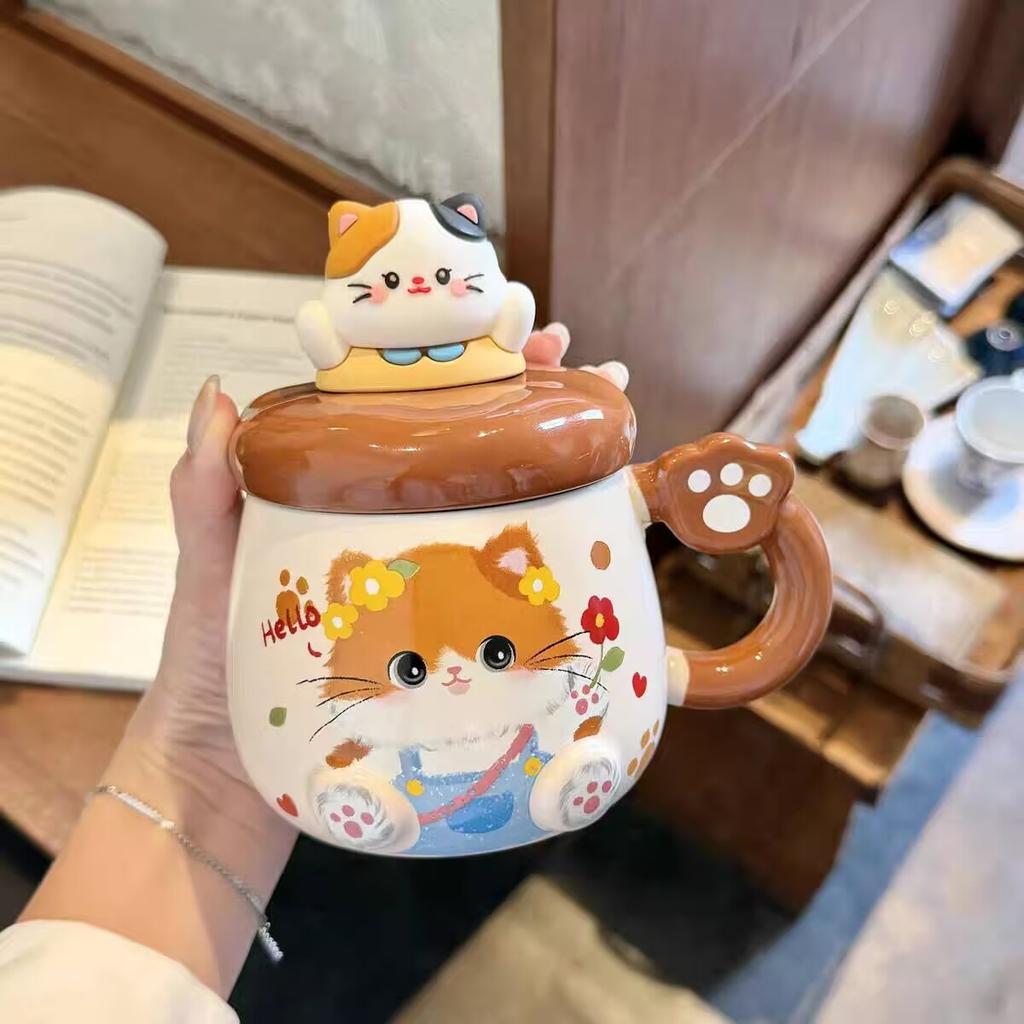 Cat Mug with Lid Spoon High Value Cute Cup Ceramic Water Cup for Women Home Large Capacity Breakfast Cup for Children