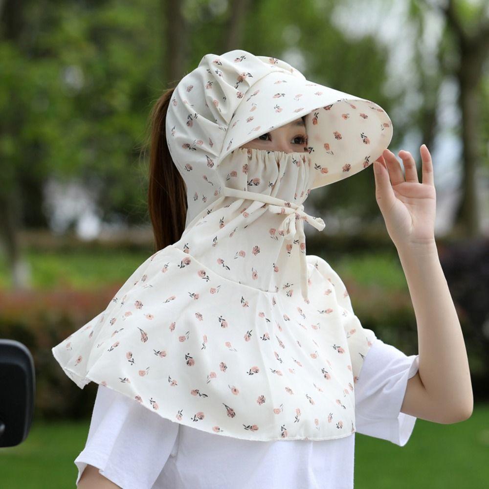 Sunscreen Wide Brim Bucket Cap Flower Bucket Hat with Mask Foldable Tea Picking Cap  Girl