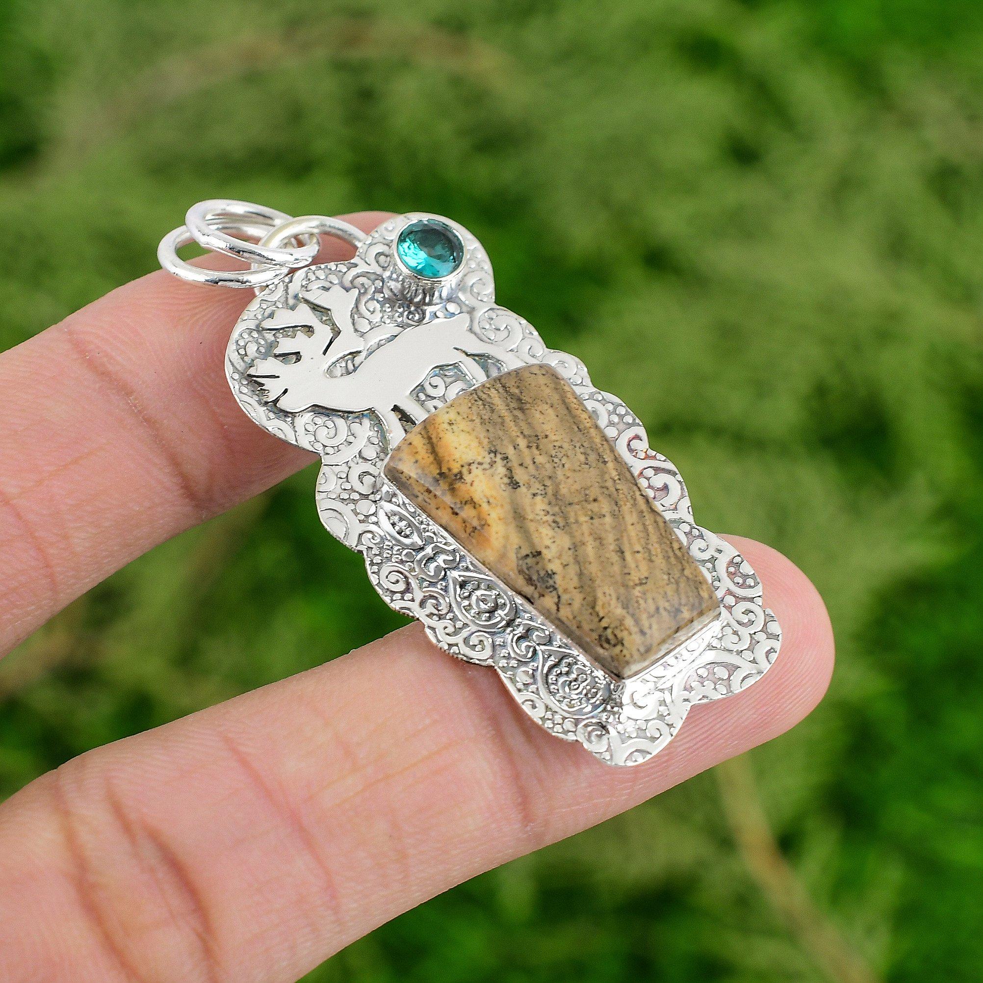 

Daughters Day Sale 925 Silver Picture Jasper Gemstone Swiss Blue Topaz Pendant