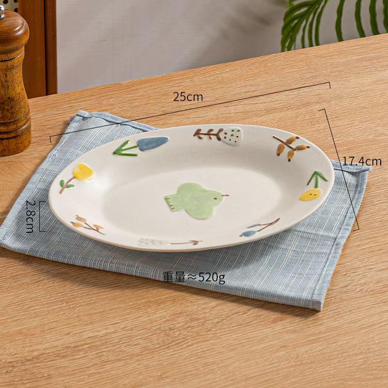 

Relief Ceramic Plate Lovely Oval Dessert Dish Household Plant Pattern Large Breakfast Plates Retro Hand-Painted Storage Tray