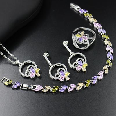 Joyería de Flores Diseño de Mariposa Collar Pendiente Anillo Pulsera Conjunto Circonita Colorida Incrustación Artesanía