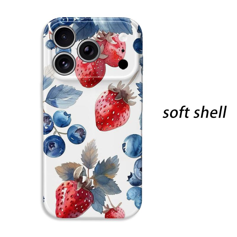 Farm Fresh Watercolor Strawberry Blueberry Fruit Art Graphic Film Aesthetic Protective Shockproof Bumper Phone Case For iPhone 14 15 16 Pro Max Plus