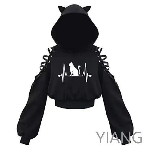 

Womens Long Sleeve Hoodie Crop Top Pullover Sweatshirt with Cat Ear Hood and Lace Up Sleeve Detail Casual Streetwear S чёрный