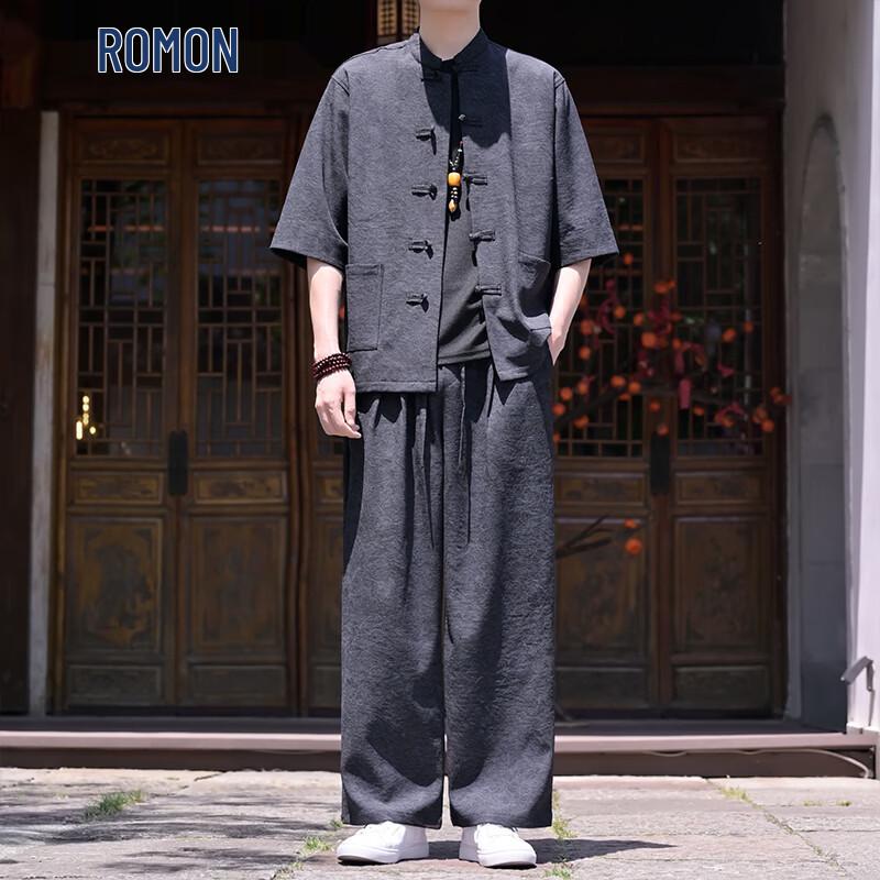 ROMON Men s New Chinese Style Stand Collar Short Sleeve Shirt 5XL чёрный