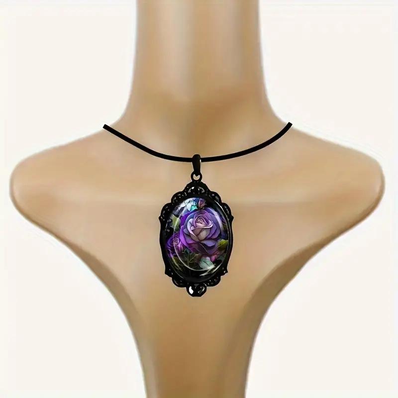 Flower Pattern Black Frame Glass Pendant Necklace Romantic Jewelry Gift