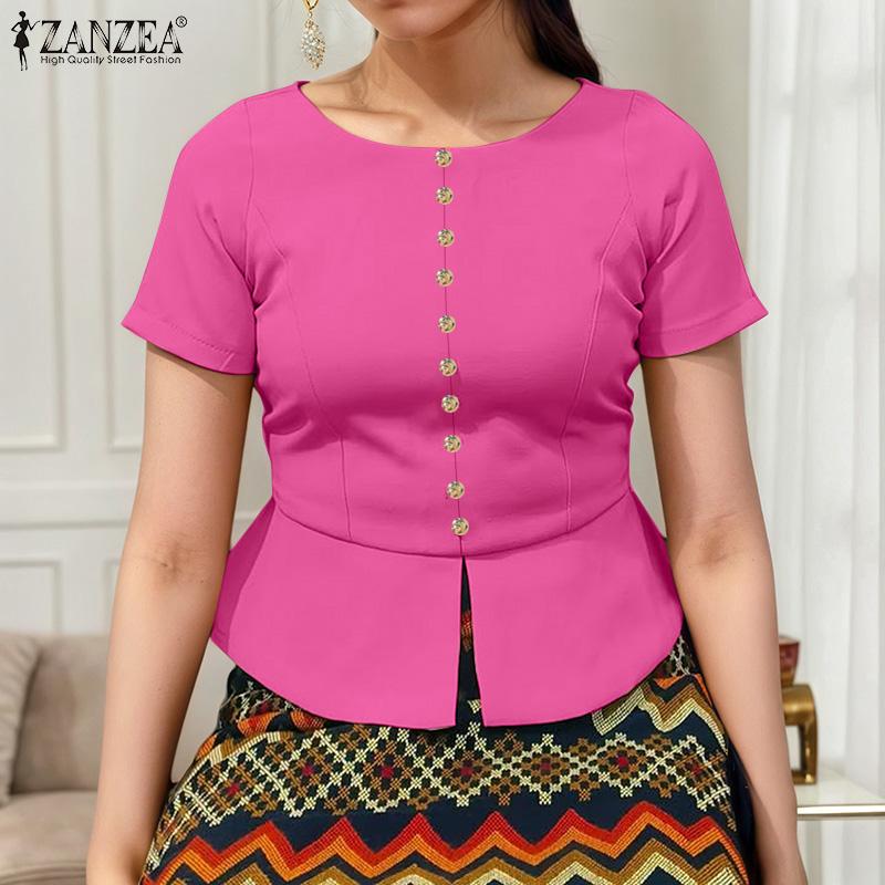 ZANZEA Women Casual Round Neck Solid Color Summer Short Sleeve Blouse