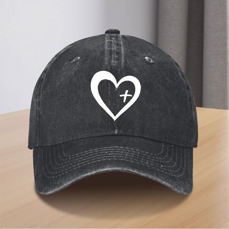 Christian Heart Cross Baseball Cap Unisex Polyester Distressed Denim Look Casual Church Hat