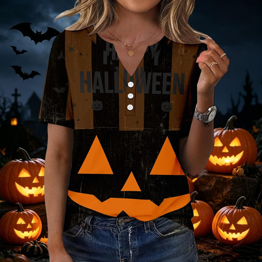Women Casual Halloween Print V Neck Short Sleeve Button T Shirt Lightweight Soft Fabric Relaxed Fit Top for Everyday Wear