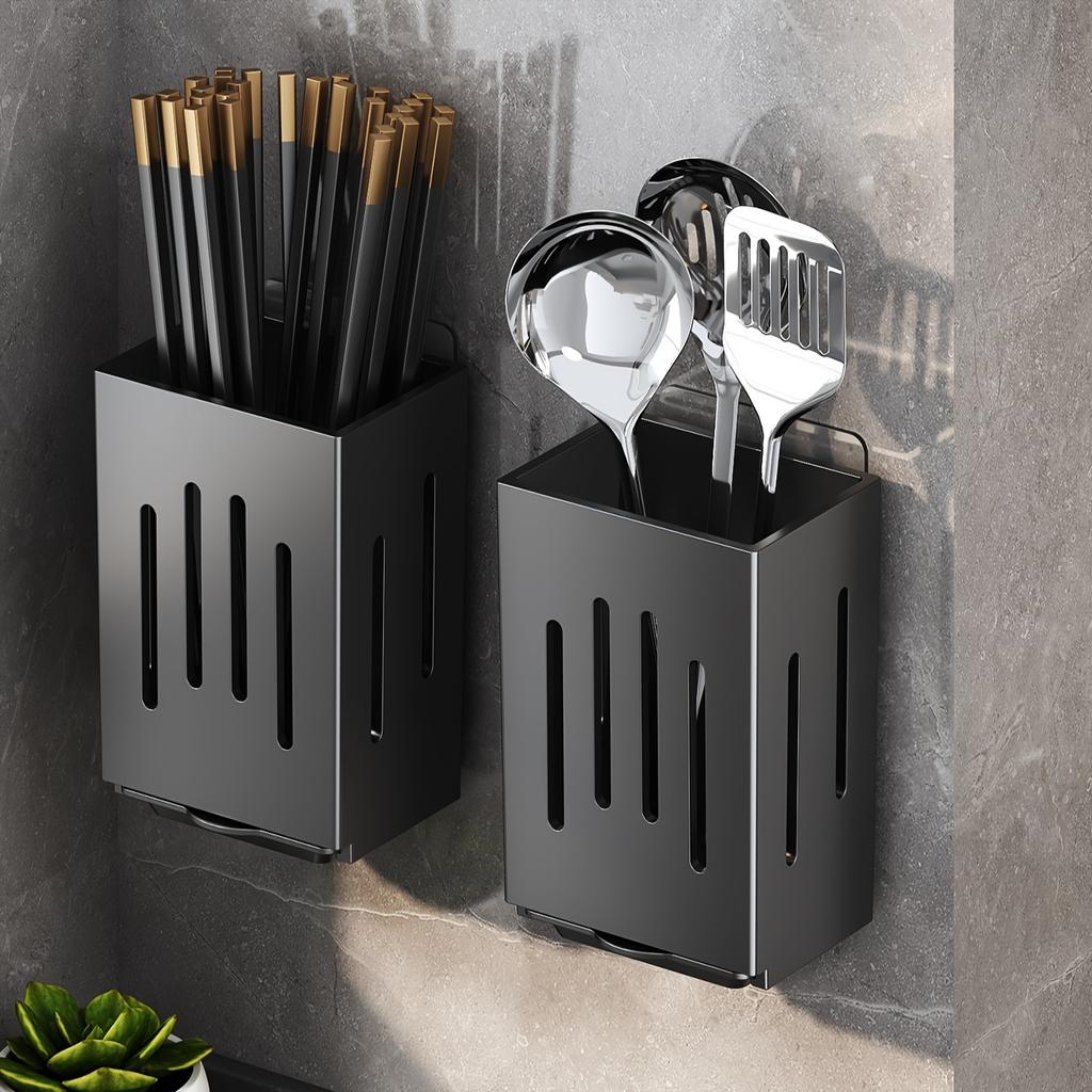 2pcs Wall-Mount Utensil Holder,Design for Chopsticks/Tools,Stackable Organizer with Hooks & Drain Tray, for Kitchen/Dorm Use