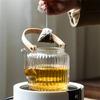 Japanese Vertical Stripe Pattern Boiling Steamed Glass Teapot Puer FlowerTea Kettle Kungfu Tea Pot Flat Bamboo Lifting Beam Pot