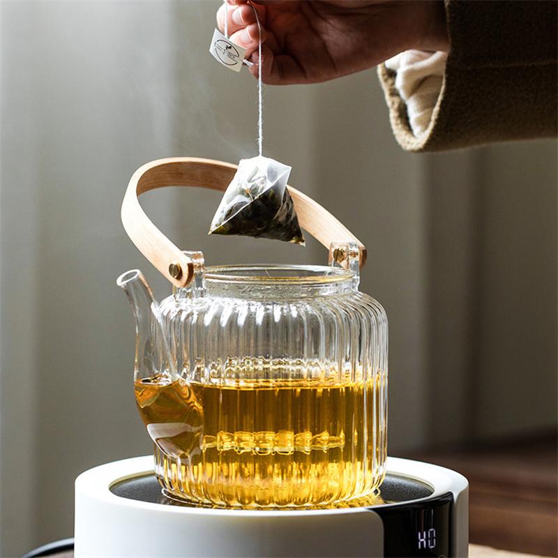 Japanese Vertical Stripe Pattern Boiling Steamed Glass Teapot Puer FlowerTea Kettle Kungfu Tea Pot Flat Bamboo Lifting Beam Pot