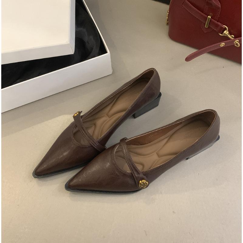 Vintage Low-heeled Women's Shoes Spring/Summer New Style Fashionable Golden Buckle Pointed-toe Comfortable Small Shoes