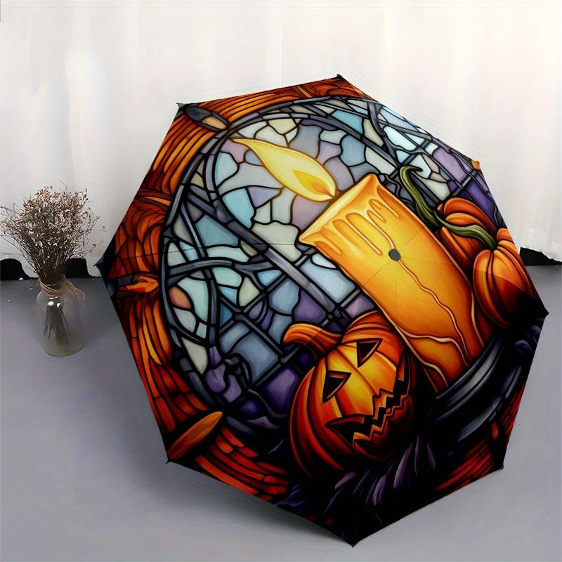 Halloween Buntglas Kerzenhalter mit KürbissenRegenschirm, Tragbarer 3-fach Kompakter Regenschirm, Weihnachtsgeschenk ES468