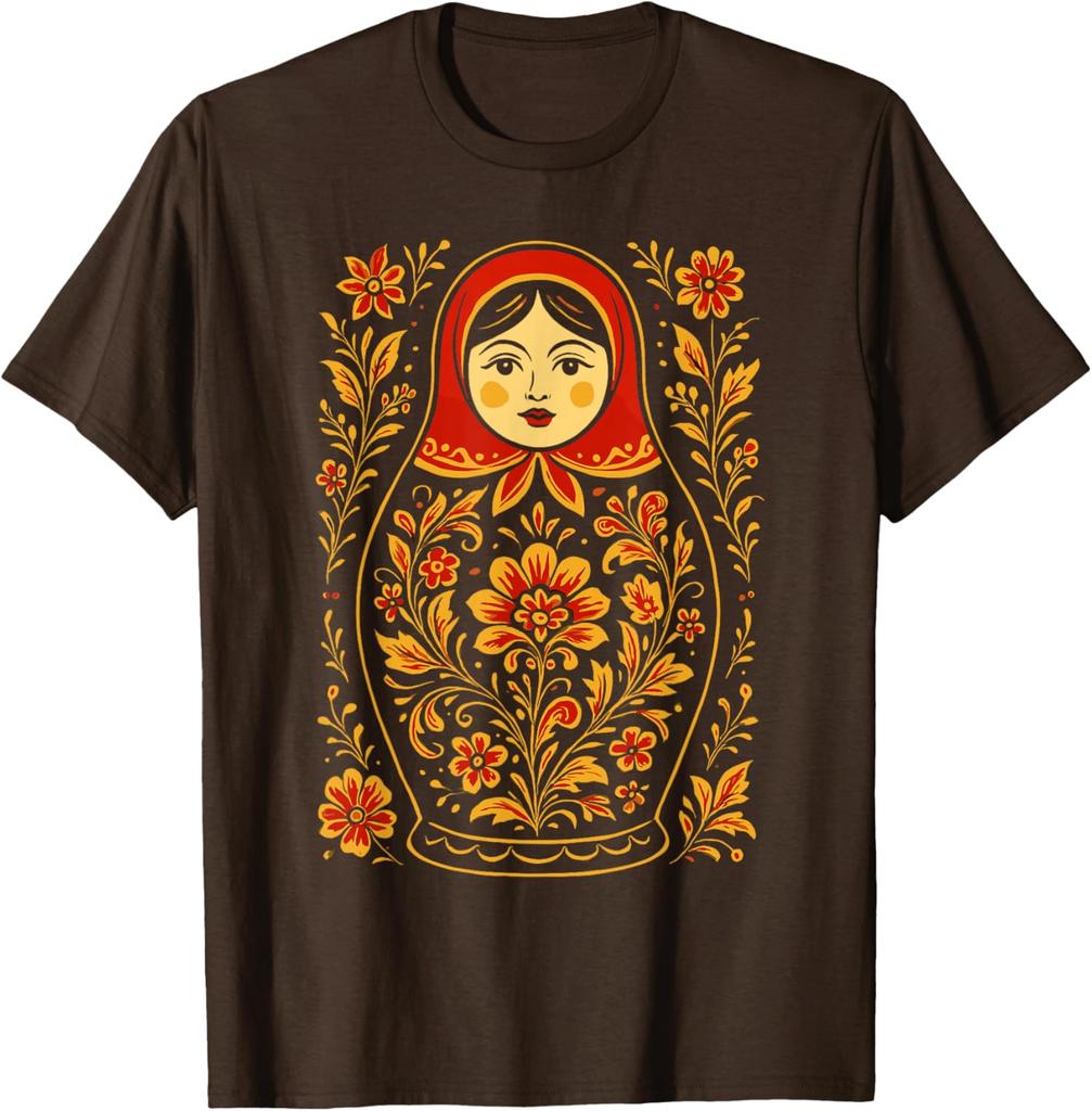 Matryoshka Doll Floral Print Graphic Tee Russian Nesting Folk Art Casual Cotton T-Shirt