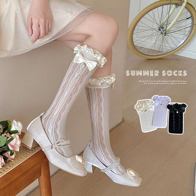 Lace Socks for Women In Summer, Thin Lolita Bow Lace Mid-calf Socks, Heart-shaped Cutout On The Side, Piled Long Tube