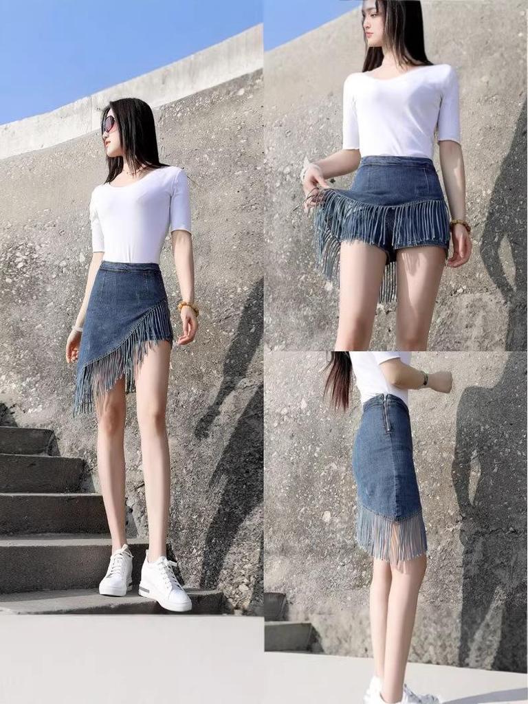 2026 High-Waisted Fringed Denim Midi Bodycon Skirt for Women - Spring/Summer Fake Two-Piece Design